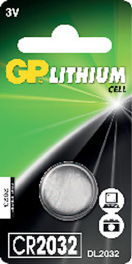 Förpackning med knappcellsbatteri CR2032, GP Lithium, 3V.