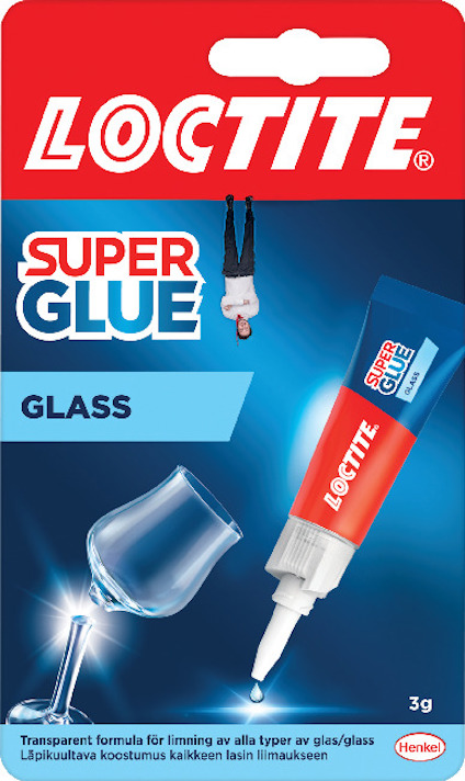 Förpackning med Loctite superlim för glas, upp och nedvänd man, trasigt glas och limtub med droppande lim.