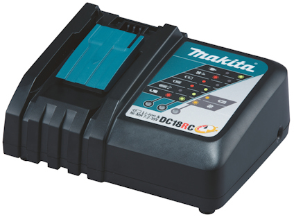 Laddare med Makita-logotyp, flera indikeringslampor och portar för batterier. Märkt "DC18RC".
