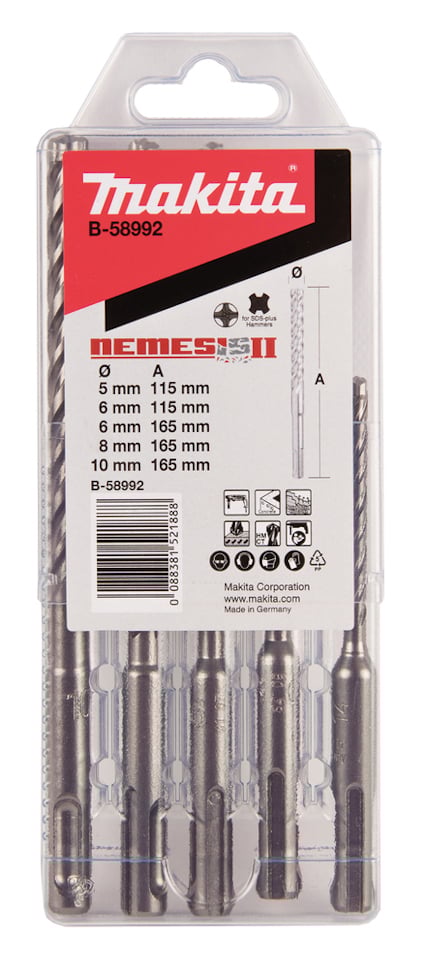 Borrbitsats i förpackning av märket Makita, med fem borr i olika storlekar angivna som 6 mm, 8 mm, och 10 mm.