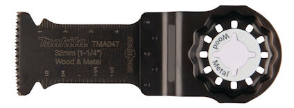 Multiverktygsblad med tandad kant och text: "Makita TMA047 32mm (1-1/4") Wood & Metal".