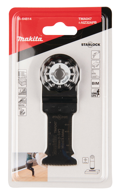 Förpackad Makita TMA047 Starlock sågblad för multiverktyg med svart blad och informativ förpackningstext.