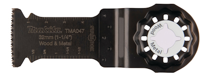 Multiverktygsblad med text "Makita TMA047 32mm (1-1/4) Wood & Metal" och en justeringsratt märkt "ROOM Metal".