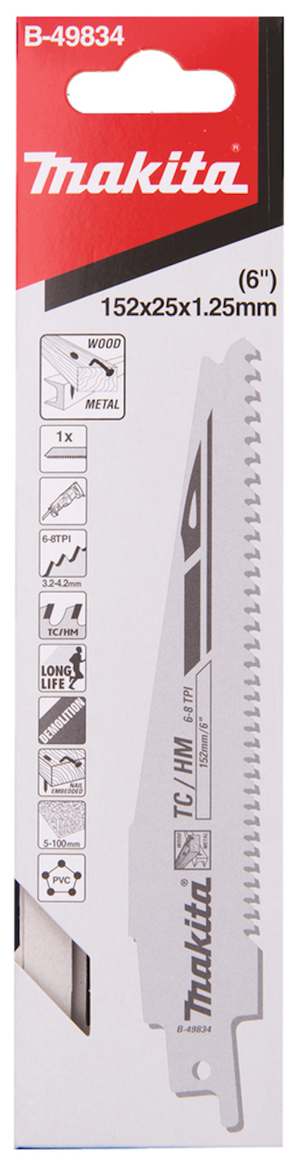 Förpackning av Makita sågblad B-49834, 6" lång, 152x25x1,25 mm för metall och trä.