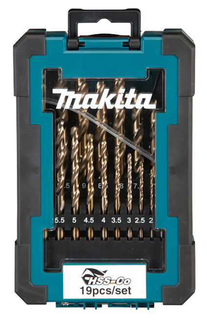 Borrset från Makita med 19 delar placerade i en blå och svart förvaringslåda med texten "HSS-Co 19pcs/set".