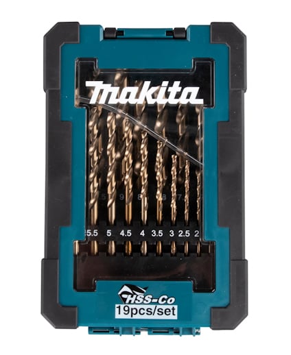 Borrsats i plastfodral med 19 högkvalitativa borr i olika storlekar. Märkt "Makita" och "HSS-Co".