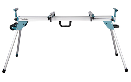 Ställning för kap- och gersåg i metall, med blå detaljer och utfällbara ben.