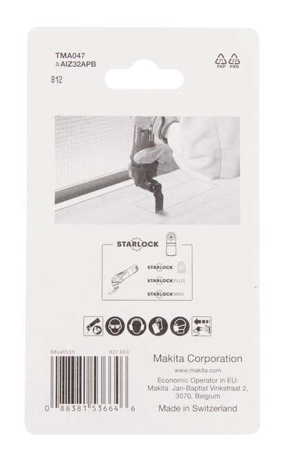Förpackning med text och illustrationer av ett Makita Starlock-blad för multiverktyg, tillverkat i Schweiz.