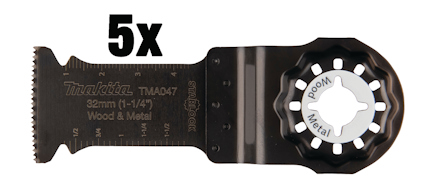 Multiverktygsblad från Makita, 32 mm brett, med texten "5x", "Wood & Metal" och "TMA047" tryckt på det.