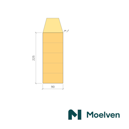Teckning av en träläkt, mått 225x90 mm, med logotypen "Moelven" i nedre högra hörnet.
