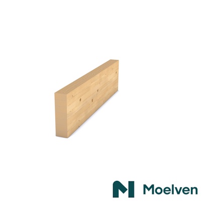 Limträbalk i trä, beige nyans, vinklad mot sidan. Moelven-logotyp i nedre högra hörnet.