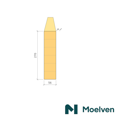 Teckning av träspira-profil med mått: längd 270 mm, bredd 56 mm. Logotyp för företaget "Moelven" nedtill till höger.