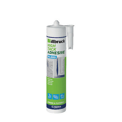 Kraftlimstub med etikett text: "Illbruck High Tack Adhesive PL800". Grön och vit design med applikationsbilder.