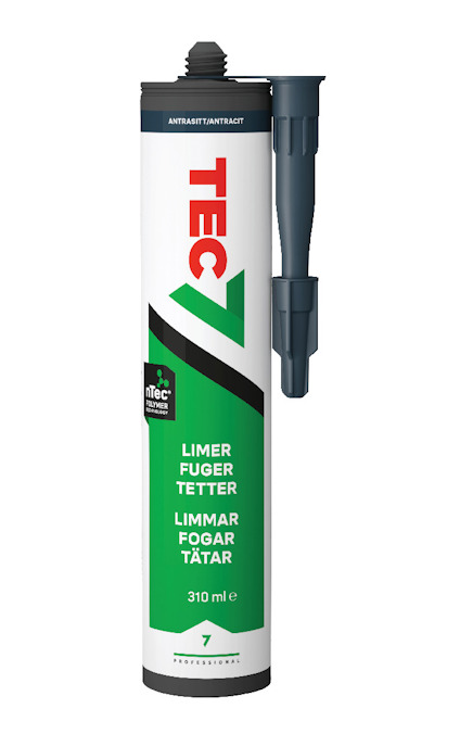 En tub Tec7 med texten "Limmer Fogar Tätar" och en appliceringsmunstycke. Innehåll: 310 ml.