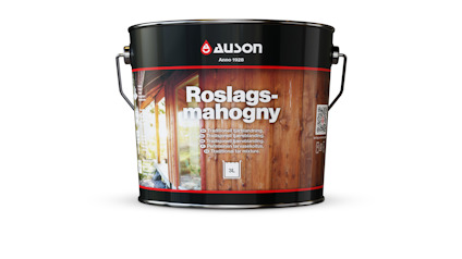 Plåthink med handtag, etikett med texten "Roslagsmahogny AUSON" och bild av en träfasad.