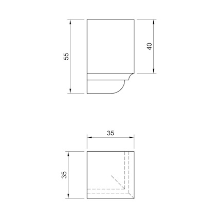 Ritning av kvadratiskt och rektangulärt objekt med mått 55x35 och 40x35 mm.
