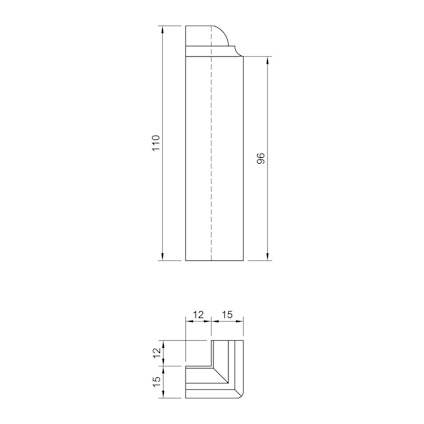 Ritning av en list med måtten 110x96 mm och snittmått 12x15 mm.