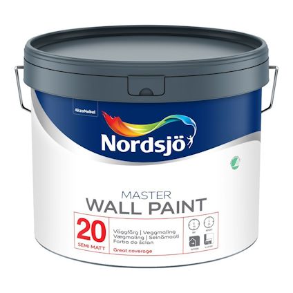 Färgburk med text "Nordsjö Master Wall Paint", etikett med information och färgprov i olika språk.