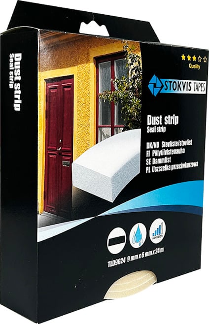 Förpackning för dammlist från Stokvis Tapes med illustration av list och fönster. Text på olika språk.