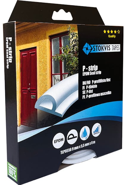 Förpackning för P-profiltätlist i EPDM med illustrationer av användningsområden som fönster, husvagn och båt.