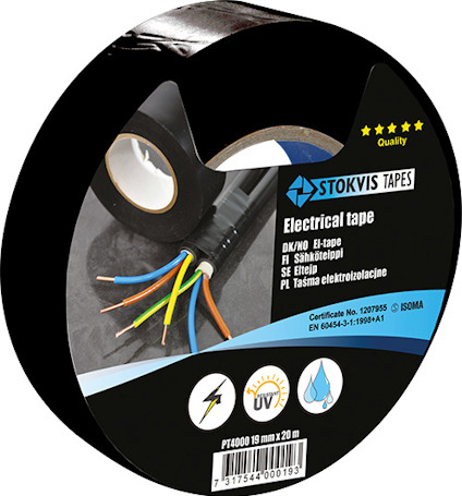 Svart eltejp med etikett på flera språk, inklusive illustration av elektriska kablar.