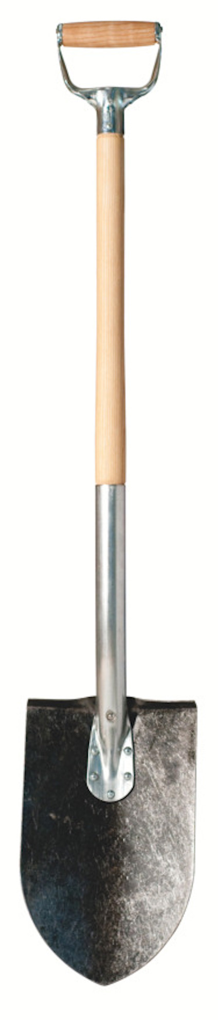Spade med trähandtag och metallblad.
