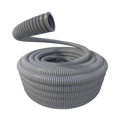 En grå, spiralformad slang i plast, delvis upprullad med en fri ände som pekar uppåt.