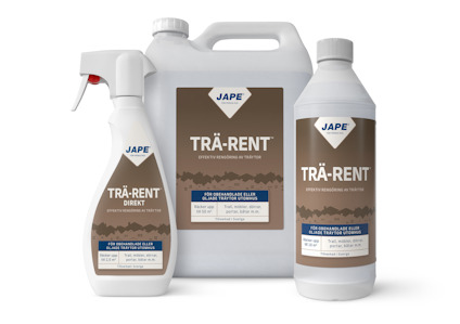 Tre flaskor av JAPE Trä-Rent, en med sprejfunktion och två större förpackningar.