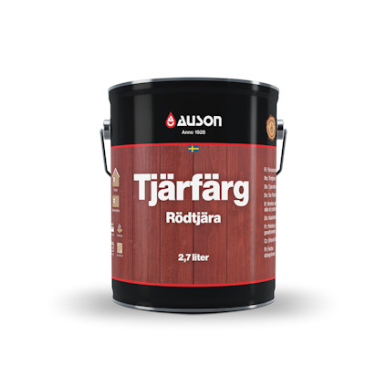 Burk med röd etikett, märkt "Tjärfärg Rödtjära 2,7 liter" och "Auson".