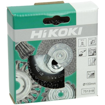 Grön förpackning med texten "HiKOKI". Bild på slipborstar och piktogram för användning. Text: "Ø100mm 751318".