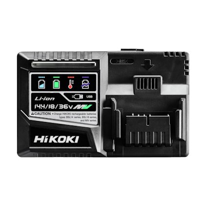 Svart batteriladdare för Li-ion med indikatorlampor och HiKoki-logotyp.