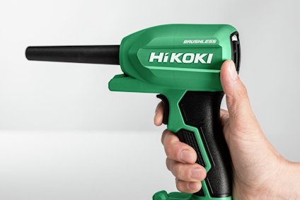 Grön Hikoki handhållen blåsverktyg med svart handtag och texten "Brushless".