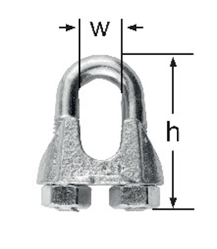 Metallwiraklammer mit Gewindebolzen, zwei Muttern und dimensionale Markierungen h und w.