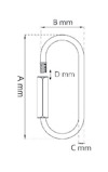 Diagram över en karbinhake med måtten A, B, C och D angivna i millimeter.