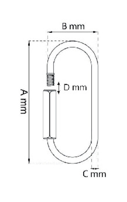 Diagram över en karbinhake med måtten A, B, C och D angivna i millimeter.