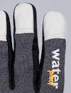 Handske med texten "waterproof" i vitt och orange på pekfingret. Grått och svart tyg med vita fingertoppar.