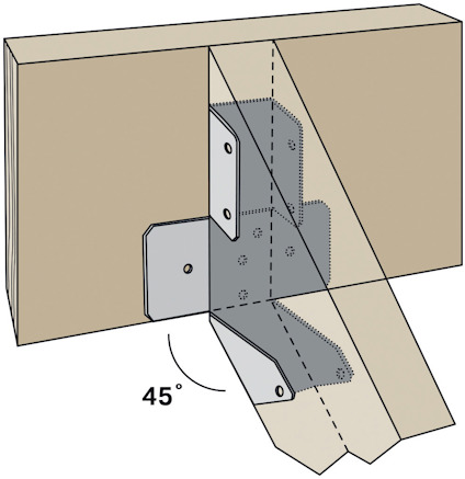 Illustration av en träkonstruktion med metallfästen i 45 graders vinkel.