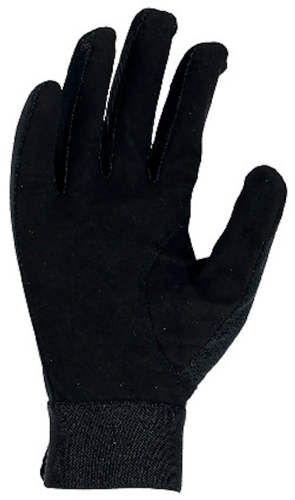 Svart handske med fyra synliga fingrar och en elastisk handledsmudd.