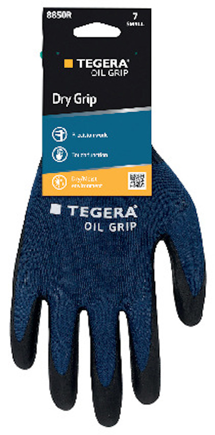 Arbetshandske "TEGERA OIL GRIP 8850R", blå med svarta fingertoppar, etikettanger precision, touchfunktion och miljöanpassning.