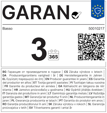 Etikett med EU-logo och ordet "GARAN" följt av 3 år med kalendersymbol. Flerspråkig text.