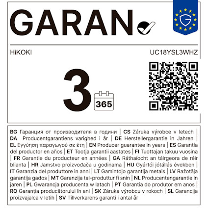 GARAN etikett med text på flera språk, inklusive "GARANTI 3 ÅR" och "UC18YSL3WHZ".